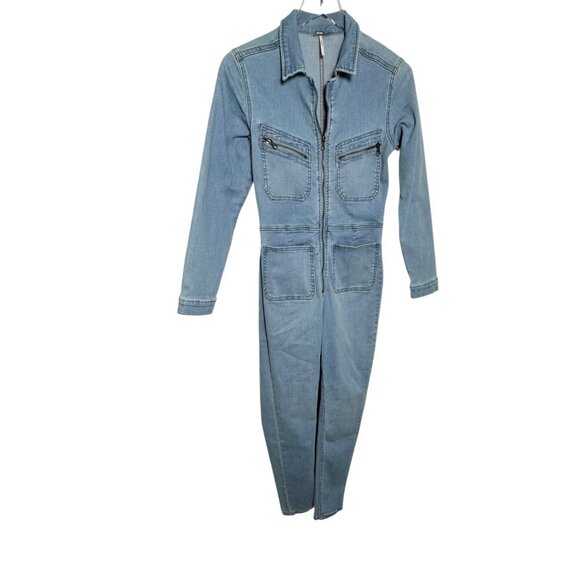 Free People Lennox Skinny Fit Denim Zip Front Jumpsuit Size Small Light Blue - Picture 12 of 12